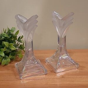ART DECO Style Vintage Frosted and Iridescent Glass Taper Candle Holders